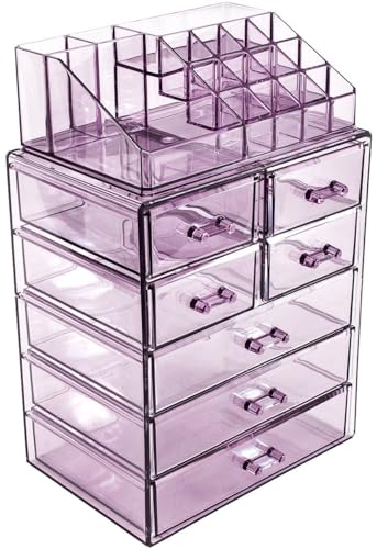 Image of Sorbus Acrylic Makeup Organizer Set, 7-Drawer Vanity & Countertop Cosmetic Storage with Small & Wide Compartments, Purple Makeup Storage for Brushes, Jewelry - Holiday Gift for Women & Teens