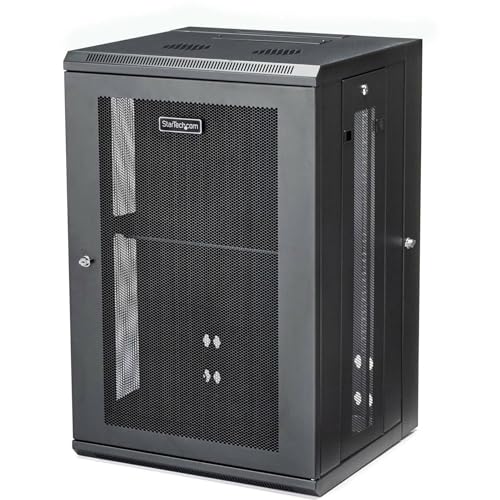 Image of StarTech 18U Wall-Mount Cabinet, 19in, 4-Post, 16in Deep (RK1820WALHM) | Hinged enclosed locking server rack kit for IT data equipment, Adjustable depth 2.4-16in, SPCC steel, Assembled