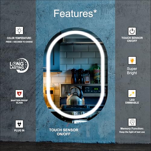 Image of Creative Arts n Frames LED Wall Mount HD Mirror with 3 Color Light Tone for Home Wall Living Room Bedroom Bathroom Hotel Decor Items (18x24 inch Capsule)