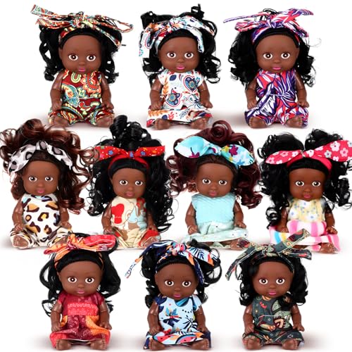 Hanaive 10 Pcs 4 Inch Mini Baby Dolls Lifelike Realistic Tiny Baby Dolls with Animal Clothes Cute Infant Figurine Gifts Set for Toddlers Girls Kids 3+ Easter Graduation Birthday(Dark Skin Style)