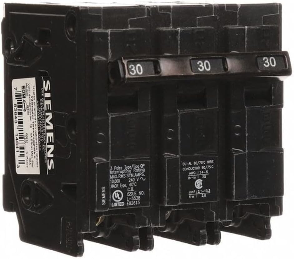 Miniature Circuit Breaker, Q Series, 30A, 3 Pole, 240V AC, 10kA at 120V AC Q330-1 Each