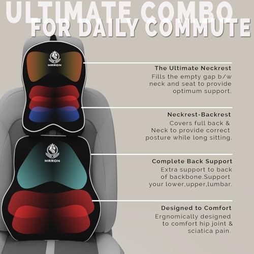 Image of MRRON Orthopedic Memory Foam Lumbar Backrest & Neck Rest Cushion for Car Seat - Ergonomic Car Back & Neck Support Pillow Combo - Pain Relief for Long Drives, Sciatica, Posture (Black, Long Back)