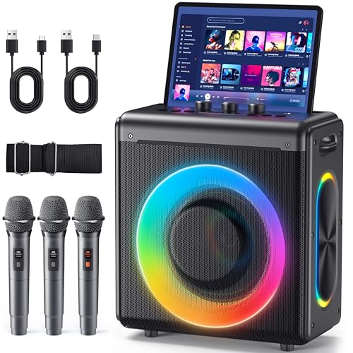 Karaoke Machine with 3 Wireless Rechargeable Microphones: Portable Bluetooth Speaker for Adults &...