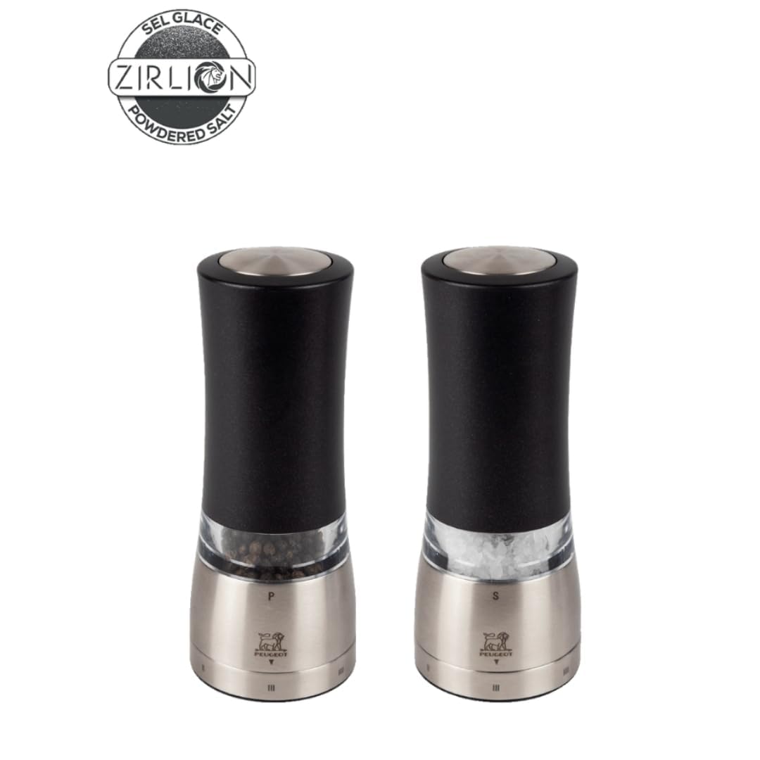 PEUGEOT - Duo Moulin à Poivre + Moulin à Sel Électriques Daman u'Select 16 cm - 6 Réglages De Moutures - Innovation Sel Glace, Mécanisme Zirlion - En Inox, Finition Noire Irisée - Designé En France