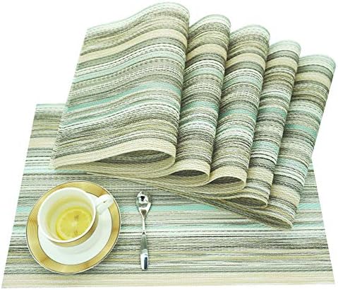 yara home décor Placemats Washable Gold Green Glitter PVC Fabric Woven Set of 6 Large Kitchen Dining Table Dinner Place Mats, Heat Insulation 45 x 30cm