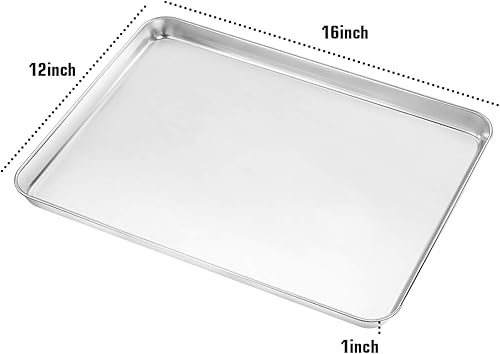 Miniatura 2 de Juego de 2 bandejas para hornear, de acero inoxidable, bandeja para horno, tostadora, tamaño 16 x 12 x 1 pulgada, no tóxicas y saludables, acabado