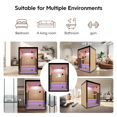Image of OUTEXER Sauna for 2 Person Far Infrared Saunas 2100W 120V Room Home Canadian Hemlock Indoor Low-EMF Dry Saunas with with Oxygen Bar 7 Color Light 53.1 * 47.2 * 74.8inch