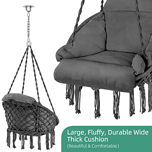 Purekea Hammock Chair, Macrame Hanging Swing Chair With Large Padded Cushion And Hardware Kits, Max 250 Lbs, Hanging Cotton Rope Chair For Indoor, Outdoor, Bedroom, Patio, Porch, Garden (Grey) #TOP3