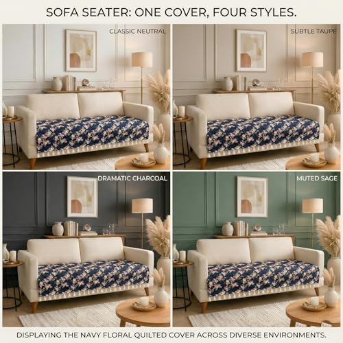 Image of BSB HOME Cotton Sofa Cover Throw with Tassels, Soft Breathable Fabric, Printed Couch Cover for Living Room, Lightweight Furniture Protector (27 x 70 Inches / 69 x 178 cm) (Navy Blue & Floral Pink)