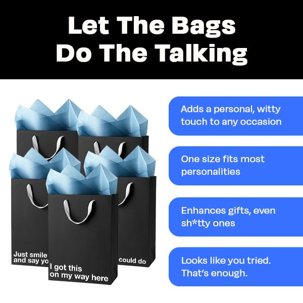 MilkToast Brands Funny Gift Bag Set of 5, 11" x 8" x 4", Bulk Pack of Black Kraft Paper Bags with Sarcastic Phrases for White Elephant Gifts, Christmas, Holidays, Office Parties, Father's Day