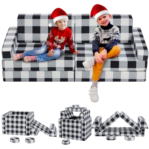 Olasme 10 Pc Black & White Kids Couch, Buffalo Check Toddler Sofa, Modular Play Couch, Convertible Kids Floor Bed