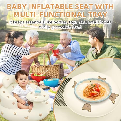 Image of Inflatable Baby Seat with Tray, Blow up Infant Chair for Babies 3 Months and up, Comfortable Baby Floor Seats for Sitting Up, Built in Air Pump with Back Support Toddler Waterproof Sofa (Bear)