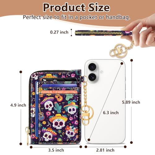Image of GIANCOMICS Slim Wallet Credit Card Holder Women, Sugar Skull Rfid Blocking Small Card Case, Keychain Thin Pocket Curved Zipper Wallet, Travel Card Holder PU Leather ID Window, Ladies Female Gifts