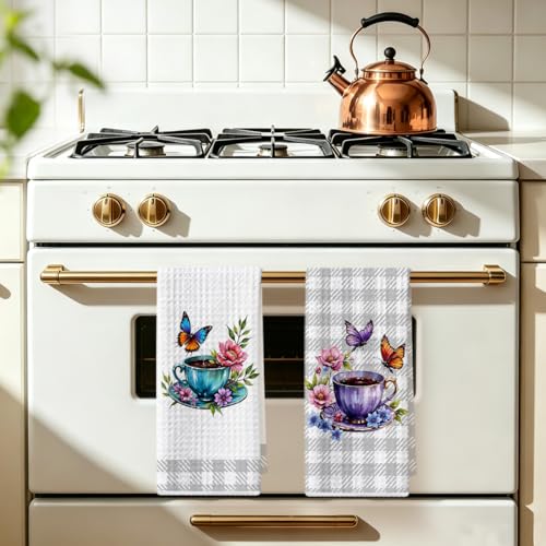 Image of 2Pcs Butterfly Kitchen Towels 24x14 Inch, Grid Floral Reusable Microfiber Dish Cloth Hand Towel, Coffee Waffle Weave Tea Towels for Bathroom Kitchen Farmhouse Decor, Flowers Gifts for Women Friend