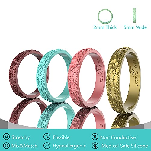 Zollen Silicone Wedding Rings for Women 4 Packs -Stackable Silicone Rubber Wedding Bands - Innovative Flower & Vine Collection, size 6