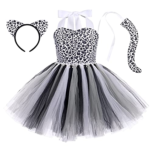 Niñas Animal Disfraz de Leopardo de Halloween Cosplay Princesa Vestido Tutú de Cuello Halter con Cola Diadema Trajes de Fiesta de Temática de Jungla Cumpleaños de Carnaval Navidad Leopardo 5-6 Años Cover