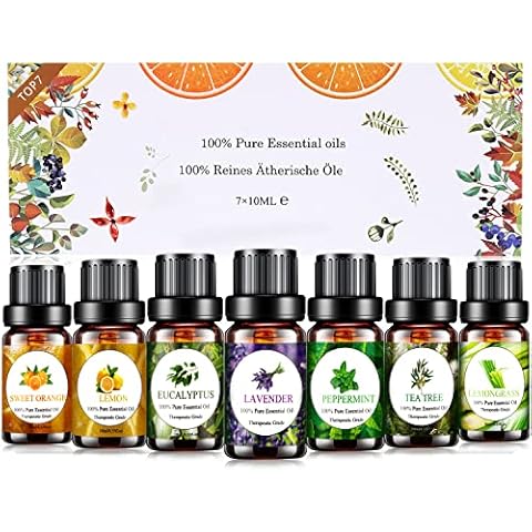 Essential Oils Set 7 x 10ml, 100% Pure Natural Aromatherapy Oils for Diffusers, Humidifier, Massage, DIY Soaps, Candles - Lemon, Lavender, Tea Tree, Eucalyptus, Lemongrass, Orange, Peppermint Cover