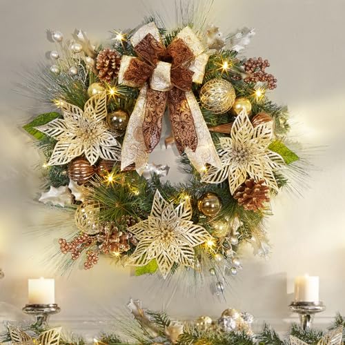 24 Inch Christmas Wreath with Lights, Battery Operated Outdoor Christmas Wreath for Front Door with 20 LED Lights Timer Gold Ball Ornaments Pine Cones and Bow for Home Holiday Decor