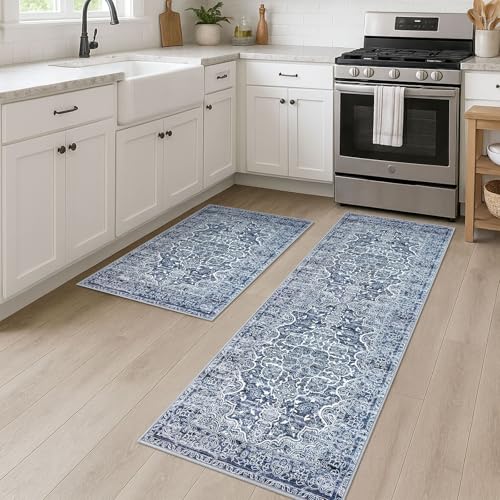 KUTA Vintage Washable Rug, 2PCS 2x3 and 2x6 Blue White Runners for Hallways Non-Slip Kitchen Area Rugs Ultra Soft Printed Distressed Floral Floor Carpet for Laundry Bedroom Living Room Nursery