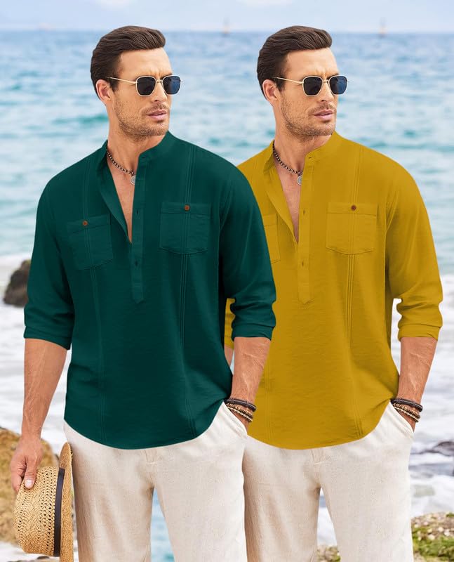 Image of Macsivo Combo of Men's Regular Fit Cotton Blend Solid Casual Short Kurta with Mandarin Collar and Pockets Kurta Pack of 2