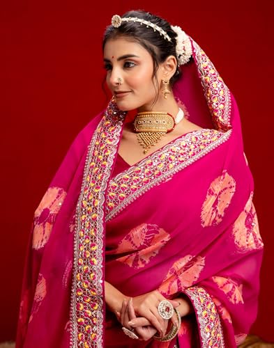 Image of SIRIL Women's Georgette Bandhani Printed Embroidery Lace Saree With Unstitched Blouse Piece