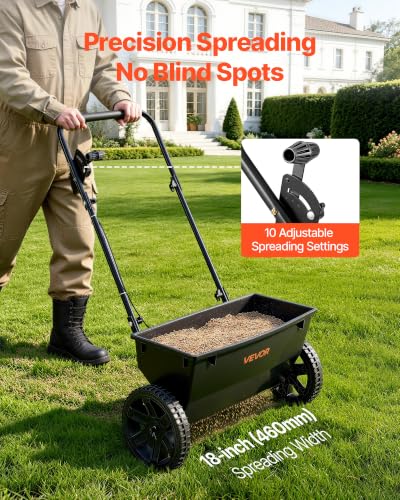 Image of VEVOR Broadcast Spreader 50 lbs Capacity Drop Spreader with Hopper Grate | for Lawn & Garden Care, 18 in Spreading Width & 30 Adjustable Settings, 10 in All Terrain Tires for Seed, Fertilizer, Black | For Lawn & Garden Care, 18 in Spreading Width & 30 Adjustable Settings, 10 in All Terrain Tires for Seed, Fertilizer, Black