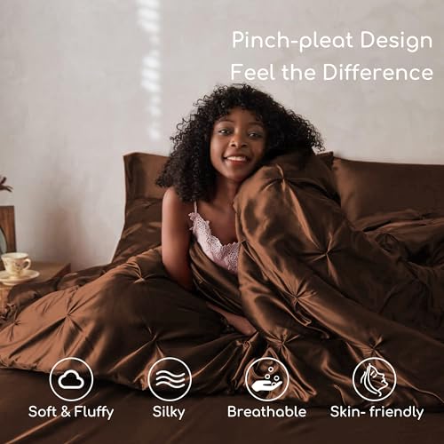 MR&HM Satin Comforter Twin 5 Pieces - Luxurious Pinch Pleat Bedding Set with Comforter, Flat Sheet, Fitted Sheet, Pillowcase & Sham, Super Silky Soft Bed Set for All Season (Twin, Brown)