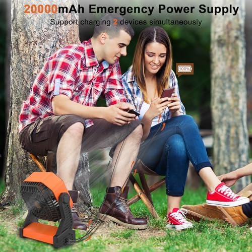5. Bild von KITWLEMEN Ventilator mit LED-Laterne, 20000mAh Camping Ventilator mit Haken, 270° Drehung, 4 Geschwindigkeiten, USB Tischventilator Camping Gadgets für Outdoor Camping Stromausfall Angeln Hurricane