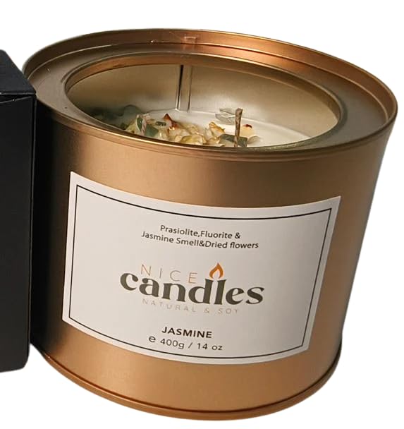 Nice Candles - Premium Aromatherapy Soy Wax Candles (Prasiolite & Fluorite Gems with Jasmine Fragrance & Dried Flowers)