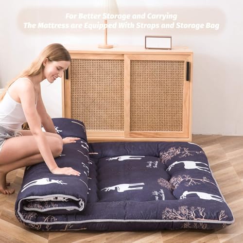 Image of MAXYOYO Cartoon Deer Printed Japanese Floor Mattress Futon Mattress, Floor Lounger Pillow Bed Thick Tatami Mat Dormitory Mattress Pad, Queen Size