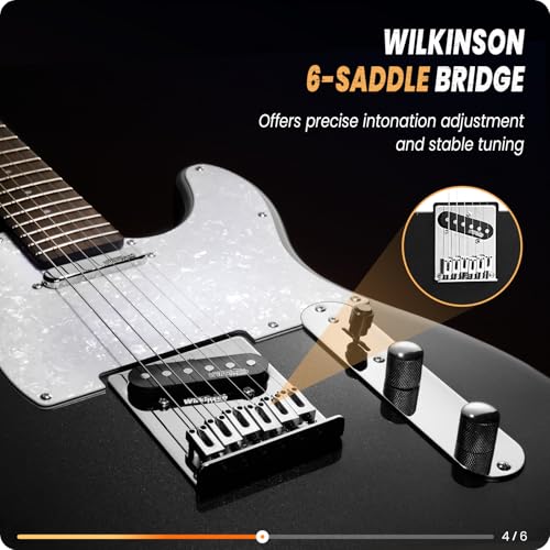 Fesley 39" TL Style Electric Guitar: Solid Body Electric Guitars for Intermediate &Pro Players with Wilkinson Pickups,Grover Tuners,6 String Guitar with Roasted Maple Neck,Rosewood Fingerboard,Black - Thumbnail 5
