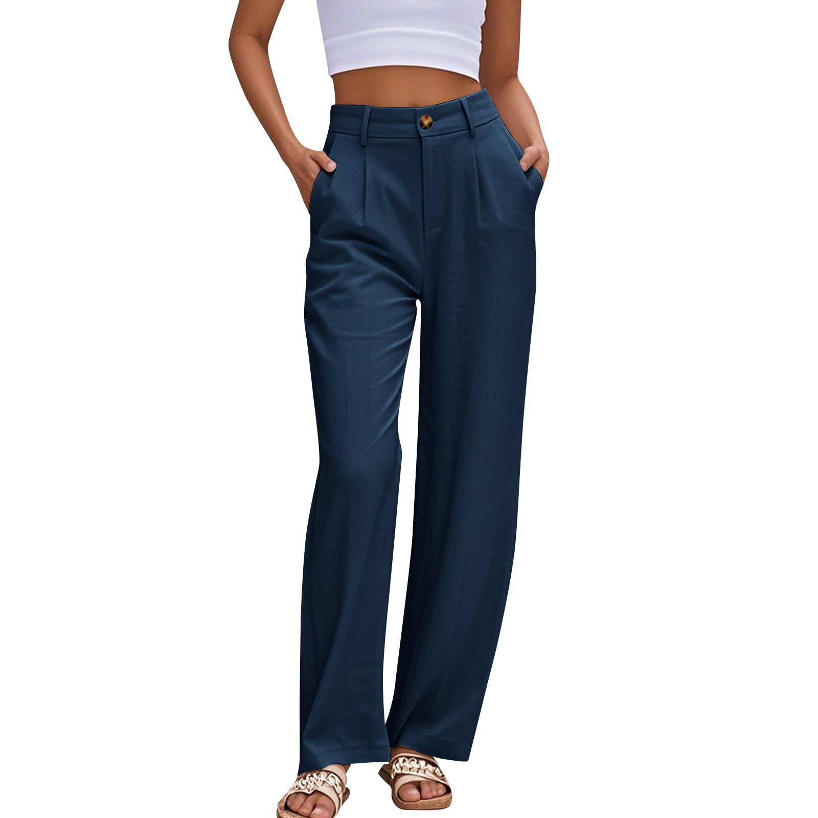 Linen Wide Leg Pants Women Dressy Button High Waisted Palazzo Pants Breathable Business Casual Trousers with Pockets