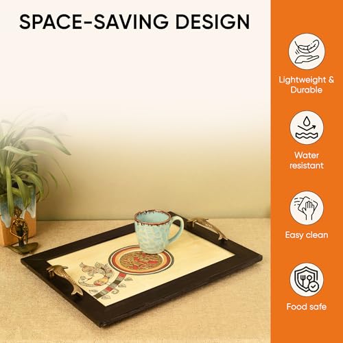 Image of Aakriti Art Creations' Fusion Art Tray, Serving Platter for Tea & Snacks | Hand-Painted Madhubani Art with Matte Finish, Handcrafted Metal & Wood Decorative Tray with Handles| Snacks Tray Set