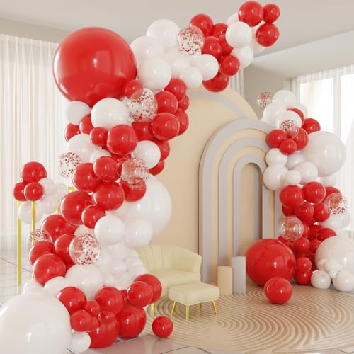 Red White Balloons Arch Kit 124pcs Red and White Confetti Balloons with 16ft Tape Strip & Dot Glue for Graduation Birthday Baby Shower Wedding Party Decorations