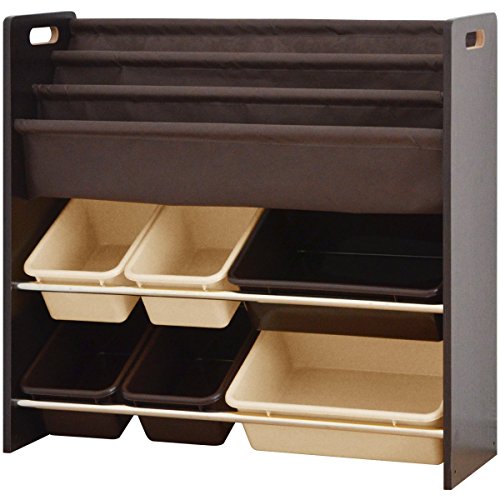 RiZKiZ 絵本棚付おかたづけ収納ラック 【ダークブラウン×ベージュ＆ブラウンボックス】 幅86.5cm 布製絵本棚 おもちゃ箱 おもちゃ収納 トイラック トイボックス マガジンラック