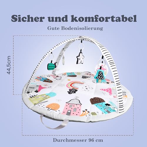Akeraq Spielbogen Baby, Spieldecke Baby 0-6 Monate 2-in-1, Baby Gym Ø96cm, Baby Play Mat, Montessori Spielebogen Babies, interaktiv und tragbar – Bild 6