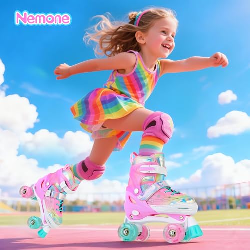 Image of NEMONE Unicorn 4 Size Adjustable Light up Roller Skates for Girls, Pink Skates for Toddlers, Beginner Kids Roller Skates Indoor Outdoor (Unicorn S New)