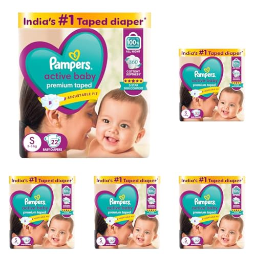 Image of Pampers Active baby Tape Style baby Diapers, Small (S), 22 pcs, 3-8kg, Adjustable Fit with 5 Star Skin Protection Diapers, 1 count (Pack of 5)