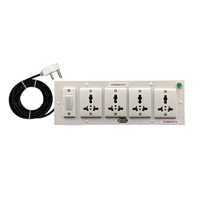 INDRICO 5050 E-Book 4 + 1 Power Strip Extension Boards with Switch, Indicator, 4 International sockets White (10m) Pack of 1, Polycarbonate, White