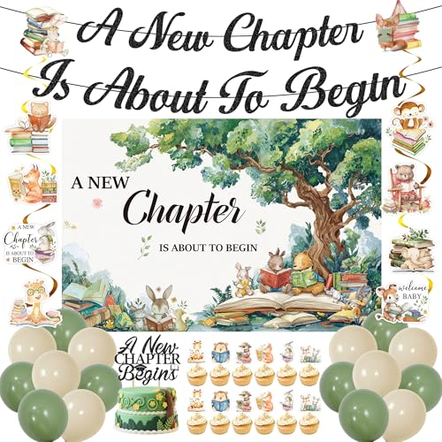 New Chapter Begins Baby Shower - 40 Pcs Storybook Banners Swirls Balloons Backdrop Cake Cupcake Toppers Chapter One Decor For Animals Themed Newborn Celebration Party Gender Reveal Supplies