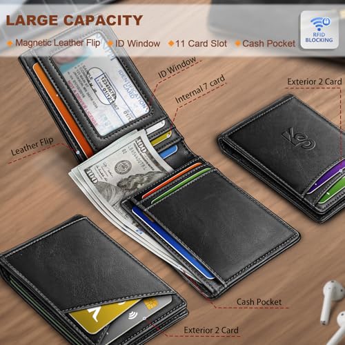 KEMISANT Men Wallet, Leather Wallet Slim Front Pocket Card Holder Money Clip 11Cards-Magnetic Closure2