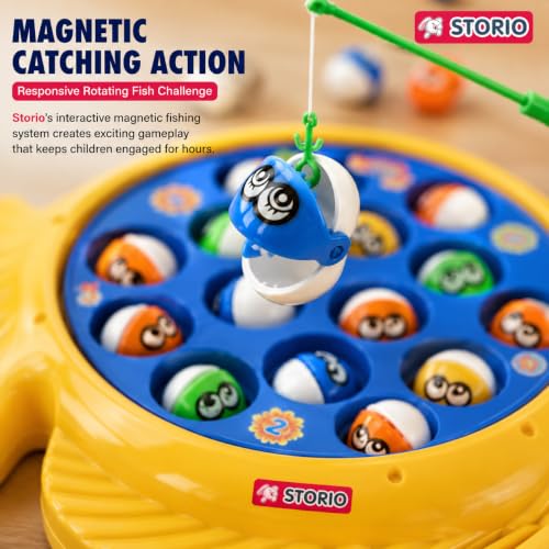 Image of Storio Premium Electronic Fishing Game for Kids | Rotating Fish Catching Toy with 15 Fish & 4 Magnetic Rods | Fun Interactive Board Game for Boys & Girls