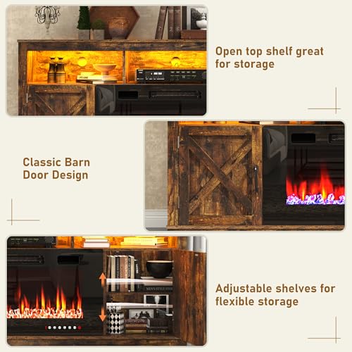 Farmhouse Fireplace TV Stand for 70/75/80 Inch TV, 32”Tall Entertainment Center w/ 36”Electric Fireplace & LED Light, 70”Media Console w/Barn Door Cabinet for Living Room, Rustic Brown