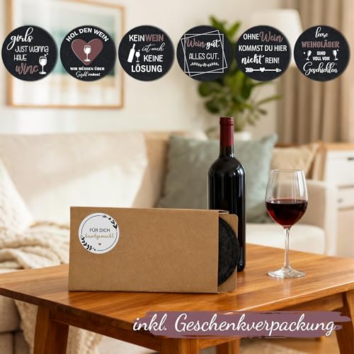 Filz-Untersetzer mit lustigen Sprüchen – 6er Set mit Geschenkverpackung | Handgemacht in Deutschland | Perfektes Geschenk für Weinliebhaber | Dekorative Tischuntersetzer (Weinspruch)