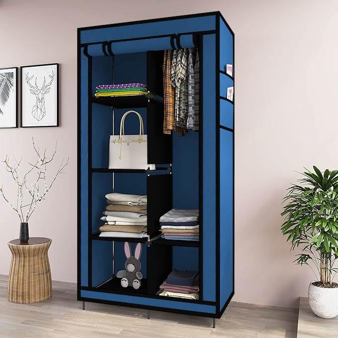 Maison & Cuisine® 4+2 Layer Maison&Cuisine Collapsible Wardrobe for Clothes with 6 Shelves, 2 Side Pocket, 1 Hanger (Non Woven Febric 90GSM, 76x38x145cm)(7700-1,Blue)