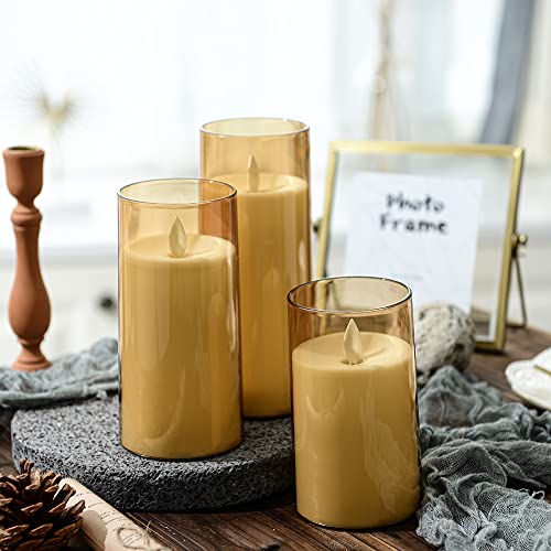 LTETTES Flameless LED Candles AA Battery Powered with Golden Acrylic Fiber Glass with Remote Controller and Timer for Home Festival Wedding Decor (Set of 3-3" D x 4",5",6" H) 4 51ZfpqIlmcL