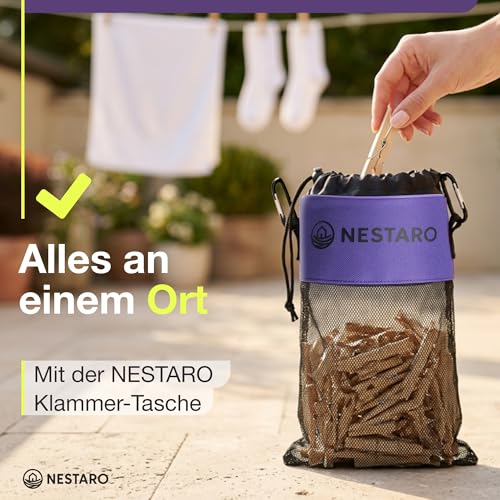 Nestaro Wäscheklammerbeutel mit Haken – Aufbewahrungsbeutel für Wäscheklammern | Klammerbeutel zum Aufhängen aus Netz & Stoff | Wetterfest, platzsparend & robust – ideal für Wäschespinne & Balkon (