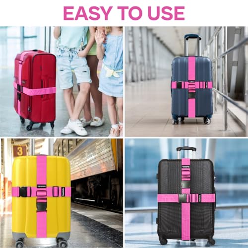 Image of 4 Pack Luggage Straps, Adjustable Suitcase Belts 72 inch x 2 inch with Quick Release Buckle, Durable Travel Accessories for Secure Luggage and Easy Identification (Pink)