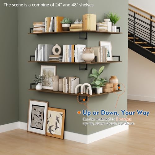 Floating Book Shelves for Wall 3-Pack, 24 Inch Long Wall Mount Bookshelf for Bedroom, Rustic Farmhouse Wood Hanging Bookshelves for Living Room Office Books Plants (Dark Brown) - Image 6