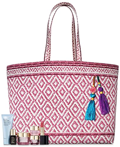 Estee Lauder 7pcs Lift & Hydrate System Gift Set Floral Beach Tote Bag Includes Resilience Multi-Effect Creme SPF 15, Advanced Night Repair Serum (Worth over $155!)